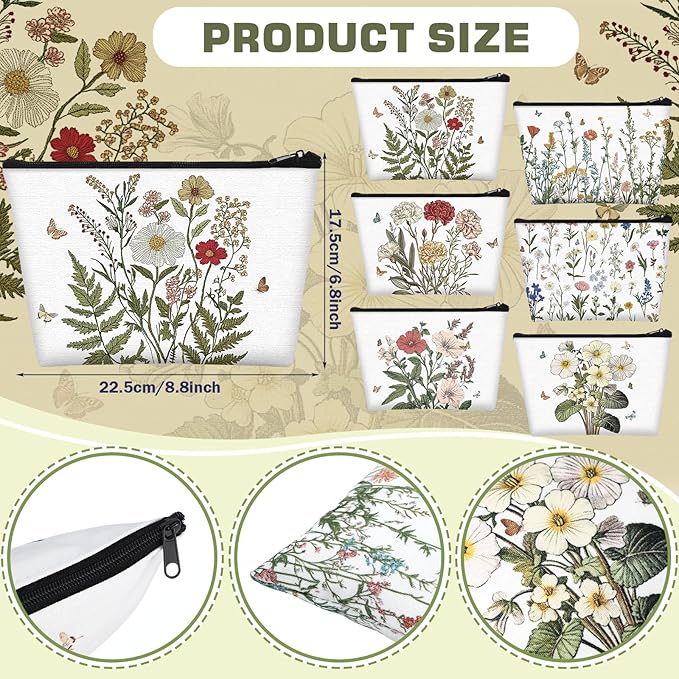 Sweetude 12 Pcs Spring Flowers Makeup Bag Bulk Portable Travel Cosmetic Bags with Zipper Wildflower Floral Waterproof Roomy Travel Beauty Toiletry Organizer Storage Pouch for Women Spring Gifts