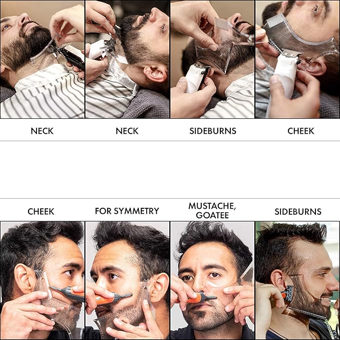 2PCS Men's Beard Shaping Tool Template, Beard Guide Shaper with Inbuilt Comb, Multi-liner Edges Shave for Curve/Straight/Neckline/Goatee/Sideburns (Clear-2pcs)