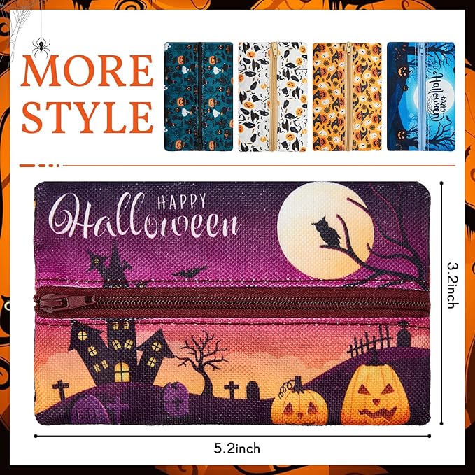 Sherr 5 Pieces Tissues Purse Pocket Tissue Holder Reusable Travel Tissue Pouch Fabric Zipper Enclosed Small Size Bat Pattern Tissue Holder for Purse Coins for Halloween, 5.25 x 3 Inches (Pumpkin)