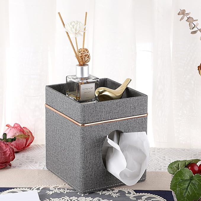 Sumnacon Tissue Box Cover Square Linen Tissue Box, Cube Tissue Box Holder with Top Tray, Stylish Tissue Cover for Bathroom Toilet Living Room Bedroom Table Desk Home Office Car Bar, Grey