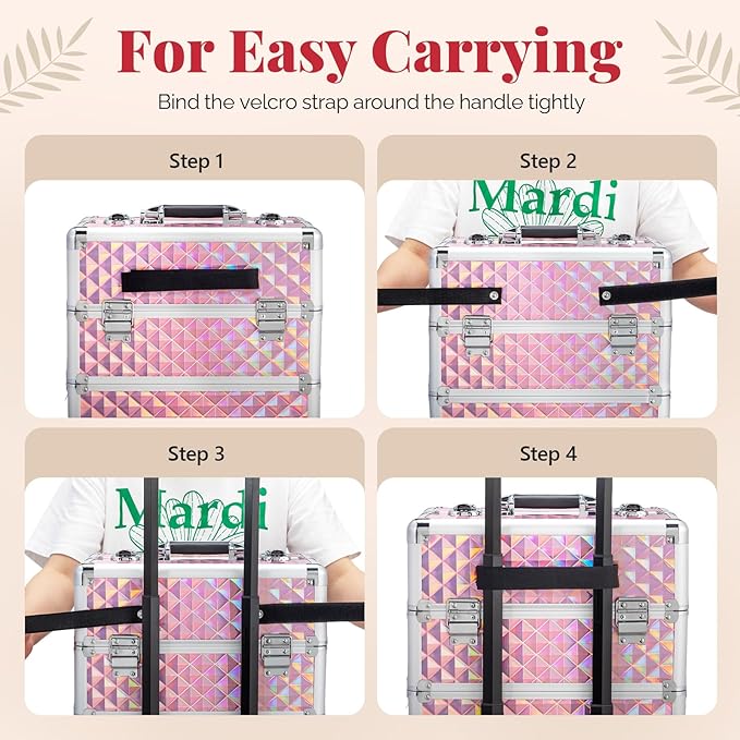 mefeir 4-in-1 Rolling Makeup Train Case Lift Handle,4 Removable Wheels Lockable Keys,Aluminum Cosmetic Trolley Beauty Stylist Artist Organizer Box,Ideal Xmas New Year Gift (Diamond Pink)