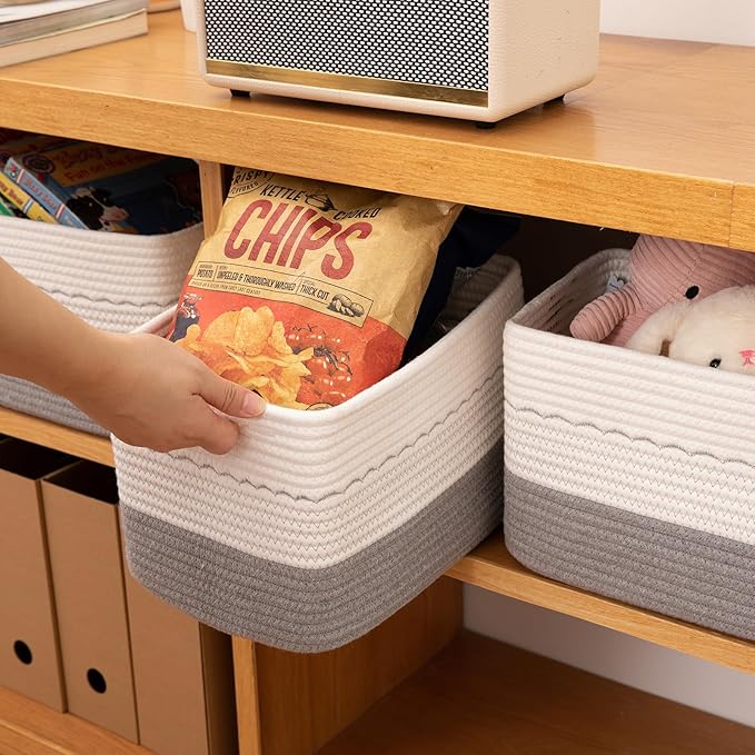 4 Pack Storage Baskets for Organizing, 13"X9"X7.87", Decorative Cotton Rope Baskets for Shelves, Small Woven Basket for Toys, Books and Towels, Grey & White