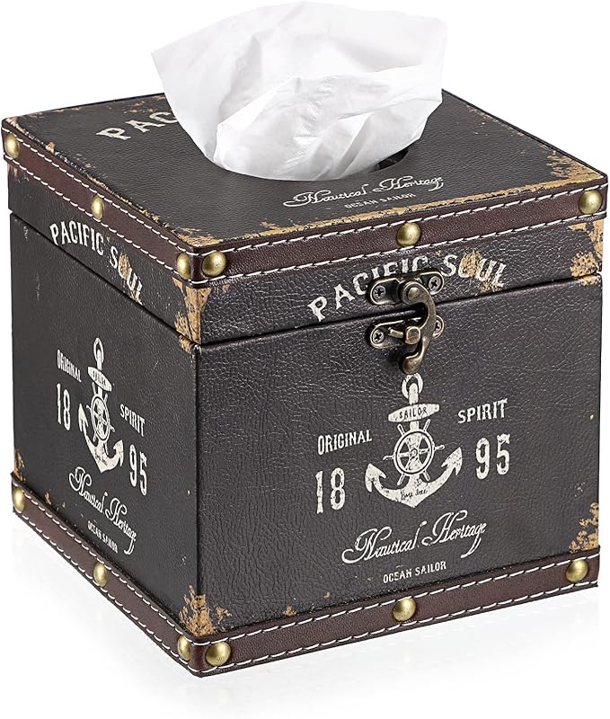 Sumnacon Retro Wood Square Tissue Box Cover - Vintage Cube Tissue Box Holder, Decorative Facial Tissue Holder for Bedroom Bathroom Dresser Night Stand Table Car Store Office Home Decor, Brown
