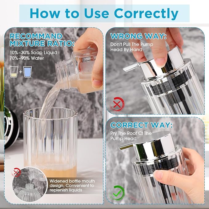 2 Pcs Refillable Clear Foaming Hand Soap Dispenser 10 oz Plastic Dispenser Pump Lotion Foaming with Silver Pump for Bathroom Vanities Kitchen