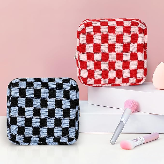 Sanitary Napkin Storage Bag, Menstrual Pad Zipper Bag Checkered Portable Period Bag Panty Liners, Tampon Storage Pouch for Women Ladies Daily Use Storage Purse Travel