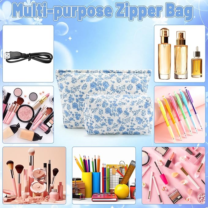 2Pcs Small Makeup Bag Quilted Cosmetic Bag Flower Pencil Case Travel Makeup Bag Set for Women Cute Cosmetic Pouch Aesthetic Cotton Toiletry Organizer Storage Bags Puffy Zipper Pouch Christmas Gifts A