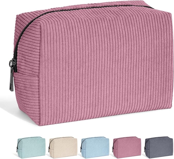 MAANGE Cosmetic Bags for Women Small Makeup Bag for Purse Corduroy Makeup Pouch Travel Makeup Bag with Metal Zipper Make Up Bag for Travelling(PINK)