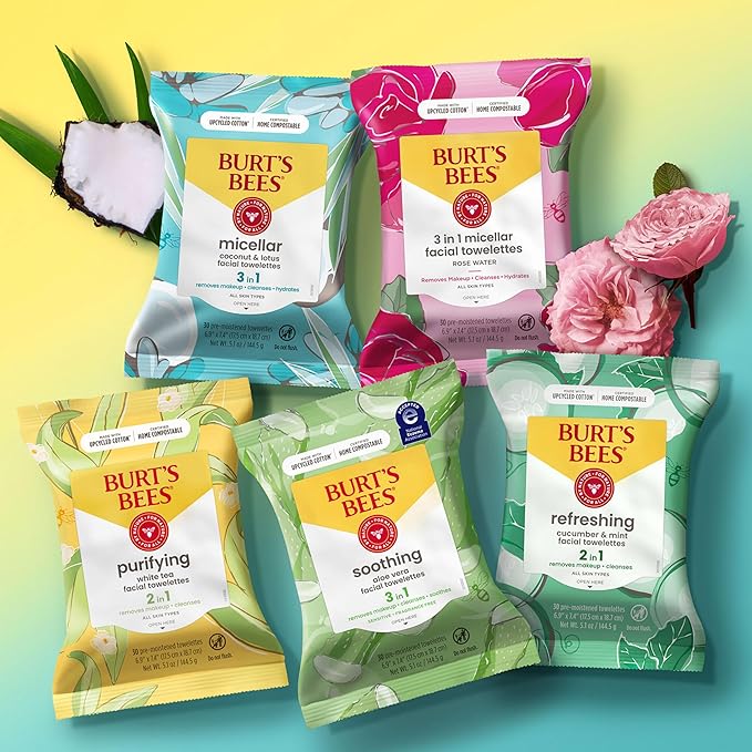 Burt's Bees White Tea Face Wipes, for All Skin Types, College Back to School Dorm Essentials, Hydrating Makeup Remover & Facial Cleansing Towelettes, 30 Ct, (Pack of 6)