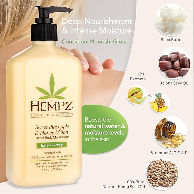 Hempz Sweet Pineapple & Honey Melon Moisturizing Skin Lotion, Body Moisturizer with Jojoba, Natural Extracts, Vitamin A and E, 17 oz, 2 Pack Bundle