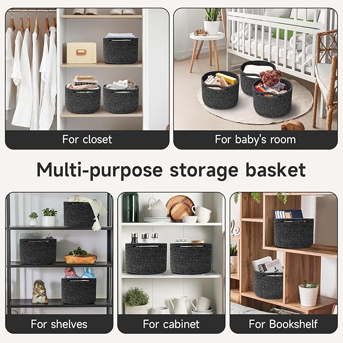 Small Rope Baskets for Storage, Baskets for Gifts Empty, Cute Round Woven Basket, Decorative Shelf Baskets 9.82×9.82×7.1", Cotton Toy Basket Storage Bins for Organizer 3 Packs Black