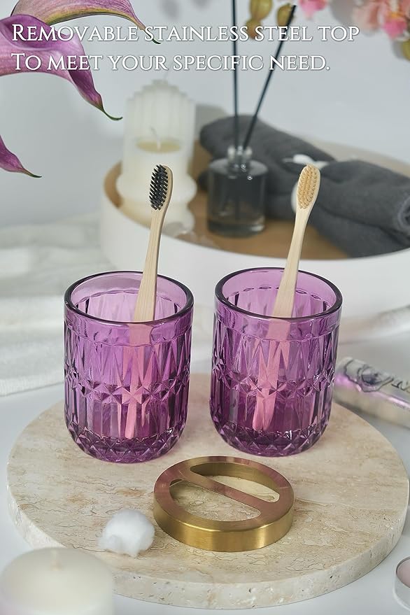 Purple Bathroom Accessories Set, 5Pcs Clear Glass Bathroom Decor Set, Soap Dispenser, Toothbrush Holder Set, Soap Dish, Qtip Holder, Tumbler for Vintage Crystal Bathroom Decor, Gift Set