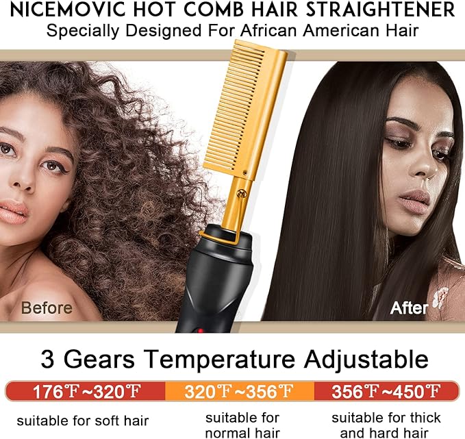 NICEMOVIC Ceramic Heating Hair Straightener Comb - Hot Pressing Brush for Natural Black Hair, Beard Wigs, and Curling (Gold)