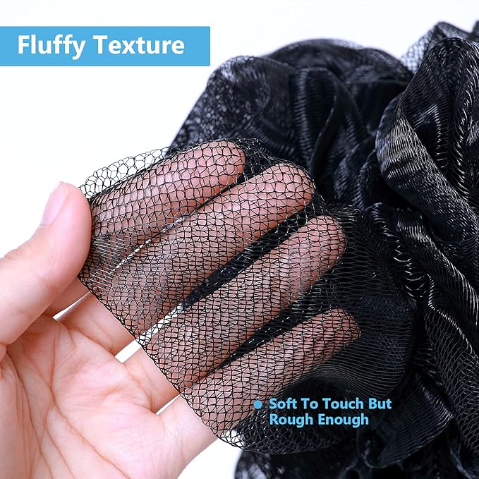 VANZAVANZU Bath Loofah Large 80g Shower Sponge Body Scrubber Mesh Pouf for Men and Women, Set of 4 (Black)