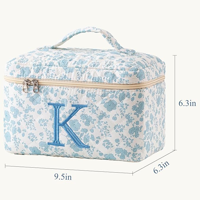 HBselect Initial Quilted Makeup Bag, Cotton Large Travel Make up Bag, Cute Floral Coquette Make up Bag Cosmetic Bag Toiletry Bag for Women Girls K