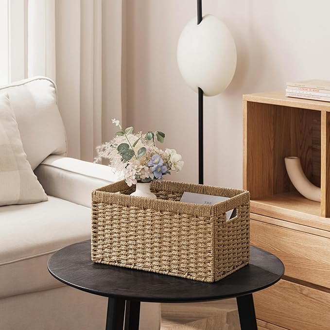 UBBCARE 4 Pack Wicker Basket, 13.4L×8.3H×7.1W inch Woven Paper Rope Storage Baskets for shelves, Foldable Rectangular Storage Baskets with Handle, Storage Basket for Organizing, Natural