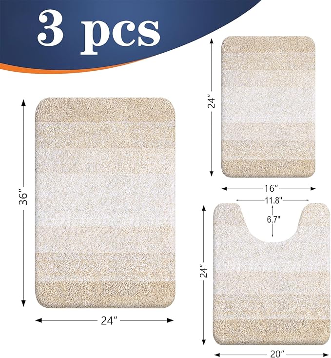OLANLY Bathroom Rugs Sets 3 Piece, Soft Absorbent Microfiber Bath Mats and U-Shaped Contour Toilet Rug, Plush Shaggy Bath Mat Set for Bathroom (36"x24"+24"x16"+24"x20", Light Beige)