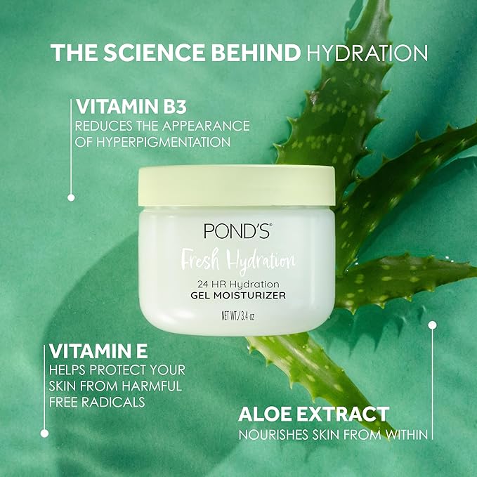 POND'S Fresh Hydration Gel Moisturizer – 24 HR Hydration with Aloe Vera Extract,Vitamin E & B3 Niacinamide – Alcohol & Oil-Free Face Moisturizer-– Dermatologist Tested,3.4 oz,(Pack of 2)
