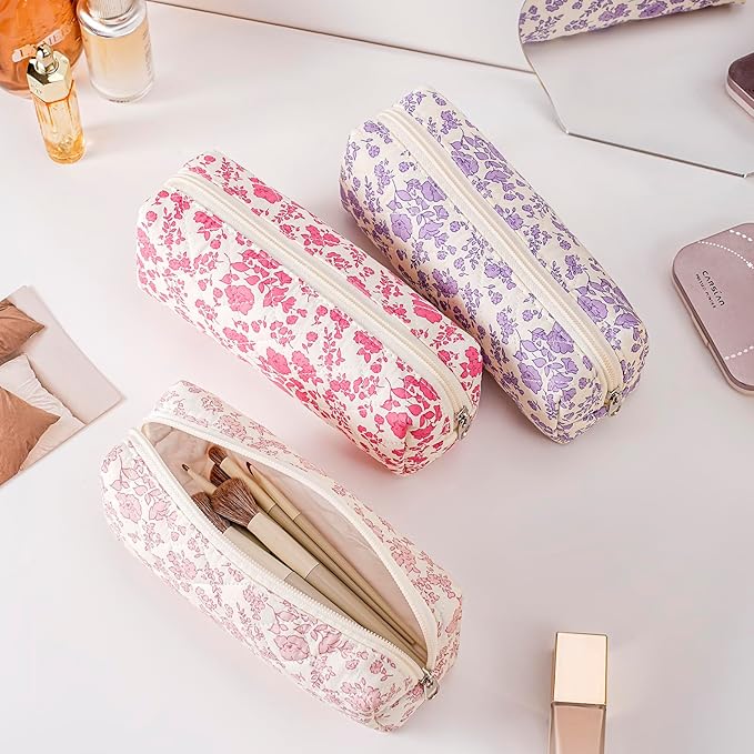 Cute Floral Makeup Brush Bag Small Cotton Quilted Cosmetic Bag for Women Travel Toiletry Zipper Make Up Pouch (Rose Red Floral)