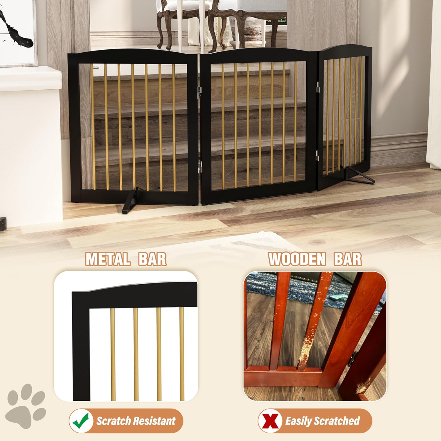 Freestanding Pet Gate for Dogs, Foldable Wooden Dog Gate for House, Indoor Dog Gate for Doorways, Stairs, Step Over Pet Puppy Safety Fence, Support Feet Included,24" Height 3 Panels,Black&Gold