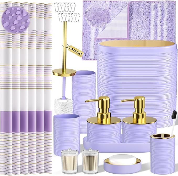 Bathroom Set - Bathroom Sets with Shower Curtain and Rugs, 25PC Bathroom Accessory Set, Purple Bathroom Accessories Set with Trash Can, Soap Dispensers