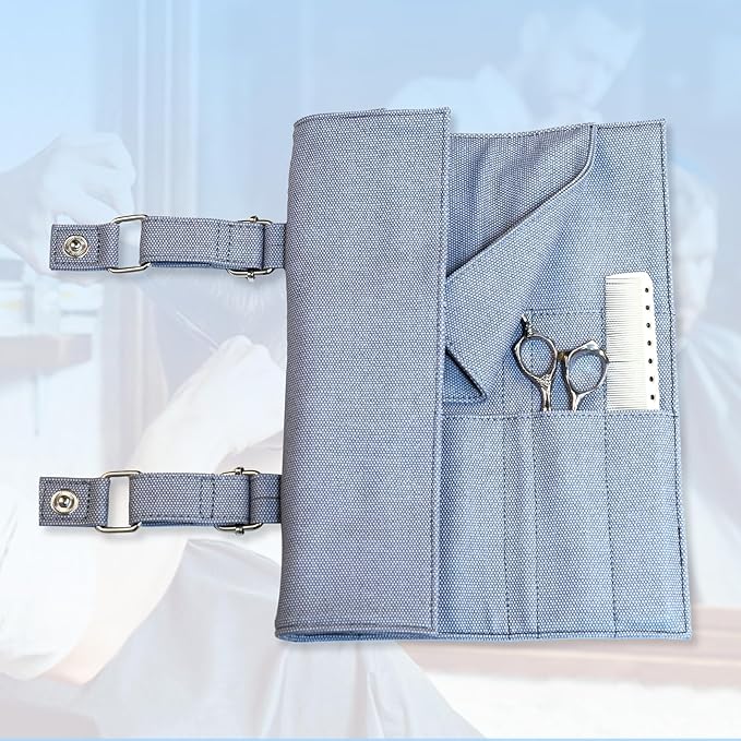 Salon Scissors Bag Roll Up, 14 Pockets PU Stylist Grooming Scissors Holder Barber Hair Scissor Shears Cases for Hairdressers (HJ-ZP012-Blue)