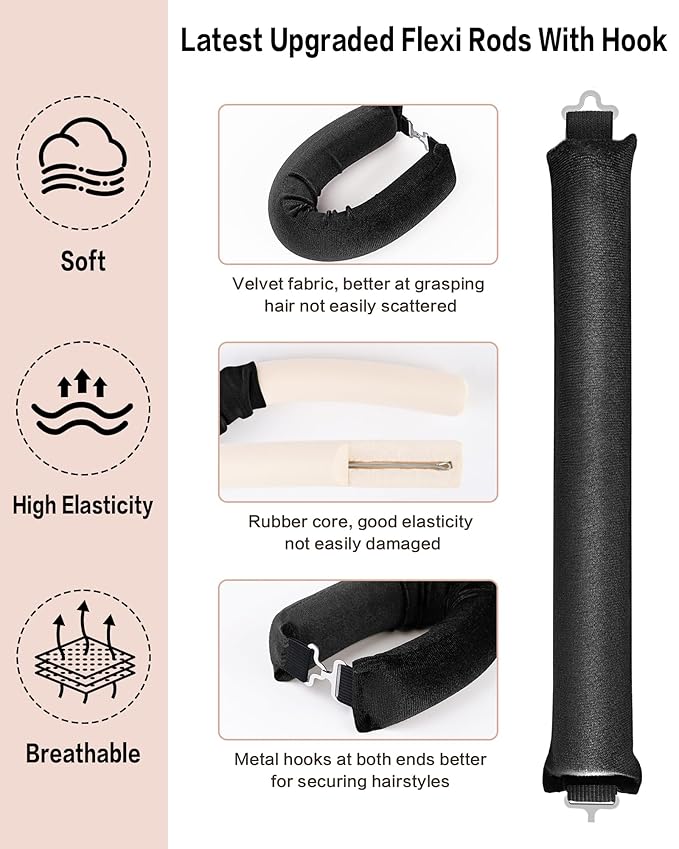 Heatless Curls Overnight with Satin Head Scarf, Velvet Hair Rollers for Blowout Look, No Heat Curling Rod for Long Thick Hair, Soft Sleep In Flexi Rods