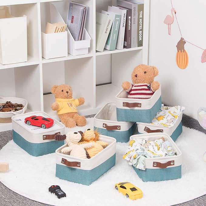 HNZIGE Storage Baskets Bins Set, (6 pack) Small Fabric Baskets for Shelves, Baskets for Gifts Empty with Handles for Organizing Shelf Nursery Home Closet Clothes room(White Teal, 11.8" x 7.8" x 5.1")