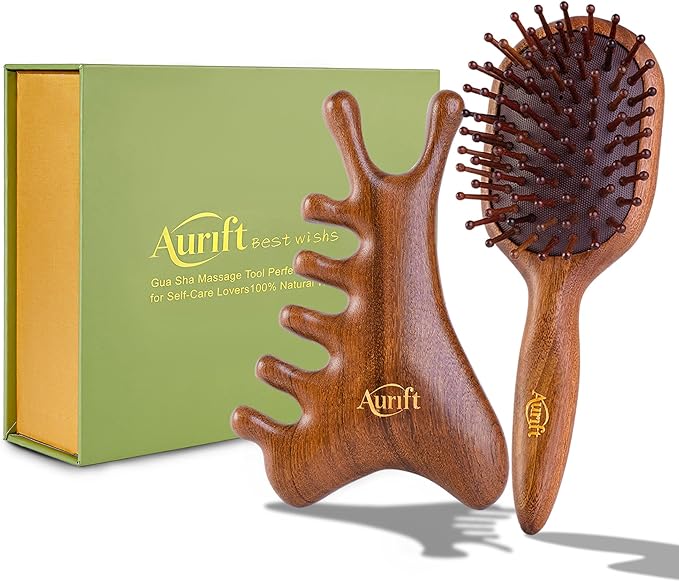 4-in-1 Wooden Gua Sha Facial Tools & Hair Detangler Brush Set – Manual Guasha tool for Face & Jawline Lifting, Double Chin Reduction, Scalp & Head Massager, Eye & Ear Acupressure, Gift for Women