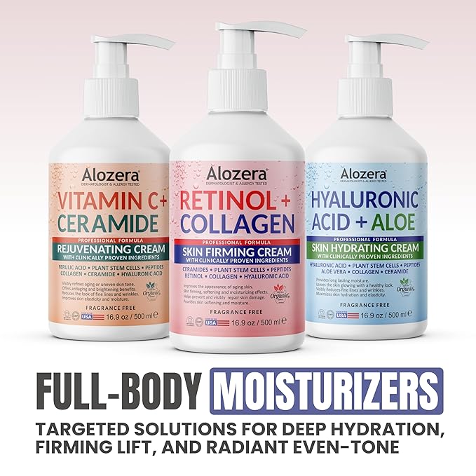 Alozera Skin Firming Retinol Collagen Face & Body Lotion with Stem Cells for Aging Skin and Wrinkles, Non-Greasy, Lightweight Moisturizer, Fragrance-Free, 16.9 oz (2-Pack)