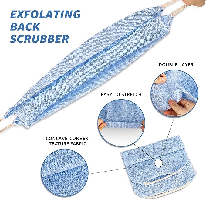 Extended Exfoliating Back Scrubber with Handles, Nylon Cleaning Exfoliator Washcloth for Body, Stretchable Pull Strap Soft Quick-Drying Rough Scrub Towel, Blue