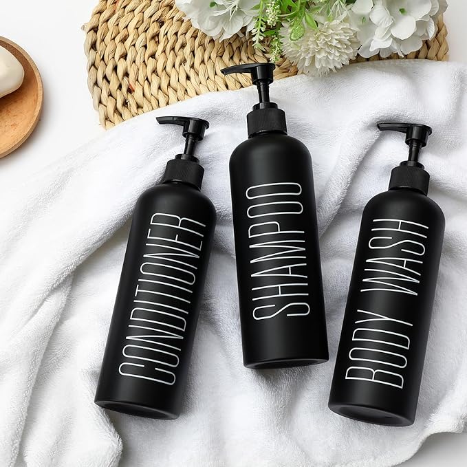 HOMCDALY Black Shampoo and Conditioner Dispenser, 16oz 3-Pack Refillable Pump Bottles, Shampoo Conditioner Body Wash Dispensers Bottles, Bathroom Shower Dispenser (Black-2