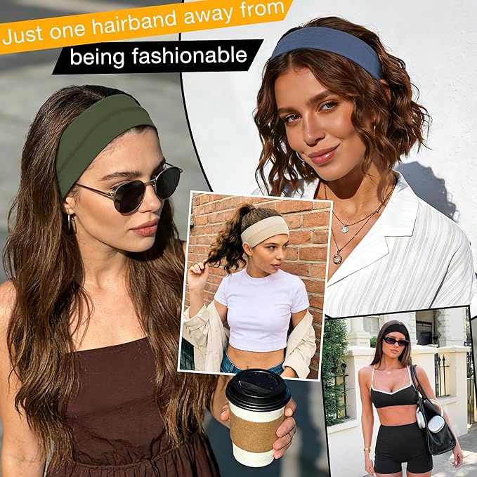 8 Pack Headbands for Women Non Slip - Stylish Sports Hair Bands for Women's Hair - Soft Cotton Cloth Stretchy Headbands for Women for Yoga, Outdoor Exercise Running