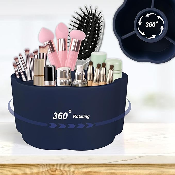 360° Rotate Makeup Brush Holder, 4 Slot Spin Beauty Tools Organizer, Brush Countertop Display Case, Desktop Storage, Bathroom Vanity Holder, Resin with Navy Blue Rubber Paint.