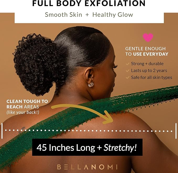 Bellanomi African Exfoliating Net Sponge, Authentic, Ethically sourced from Nigeria, 45 inches Long, Back Scrubber for Daily use (Emerald Green)