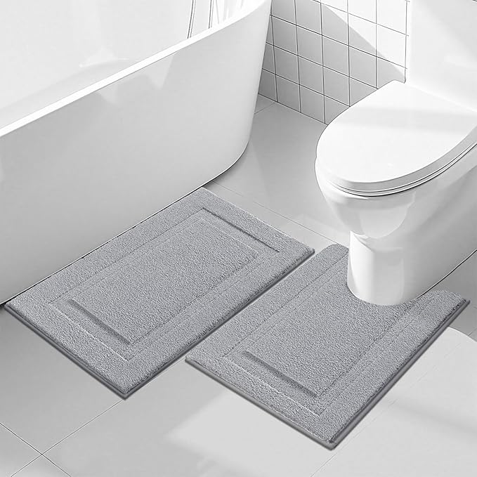 SHACOS Bathroom Rugs Set of 2 Pieces with U Shaped Toilet Rug Contoured Mat Fluffy Plush Bath Mats Non Slip Bathroom Carpet Washable (20"x24"+20"x32",Light Grey)