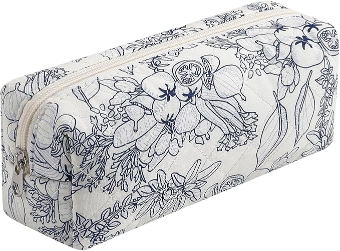 Cute Floral Makeup Brush Bag Small Cotton Quilted Cosmetic Bag for Women Travel Toiletry Zipper Make Up Pouch (Navy Floral)