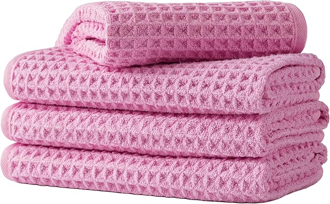 Microfiber Waffle Face Towels, 4 Pieces, Soft, Absorbent, Fast Drying, Lint Free 430 GSM (Pink)