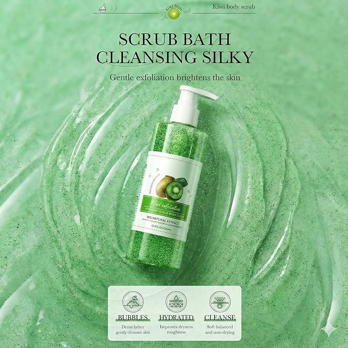 Kiwi Fruit Exfoliating Body Wash - [300ml] Vitamin C Brightening Shower Gel with Natural Seeds - Mild Body Scrub for Strawberry Legs & Rough Skin - Refreshing Scent