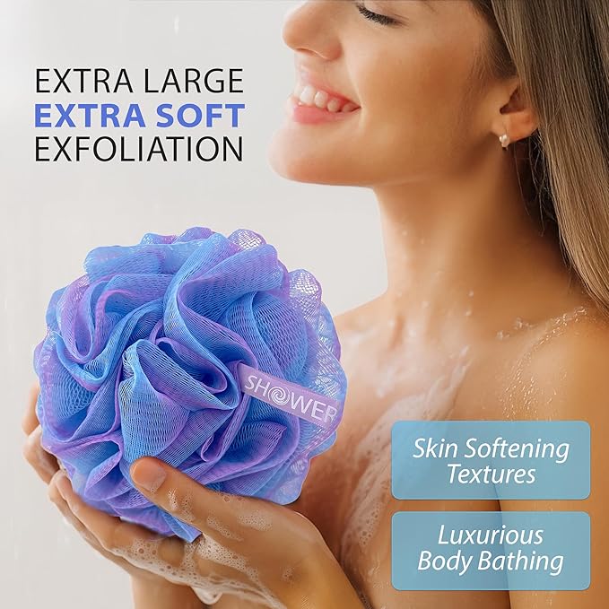 SHOWER BOUQUET Loofah Bath-Sponge XL Swirl-Deep-4-Pack // Extra Large 75g Soft Mesh Net Luffa Loofa Loufa Lufa Puff Set/Exfoliating Body Scrubber for Women and Men - Exfoliate & Soothe Face & Body