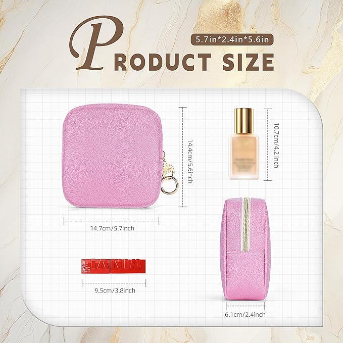 5.7" Small Makeup Bag, Glitter Cosmetics Bag for Purse, Portable Small Travel Makeup Pouch with Ring Buckle (Pink)