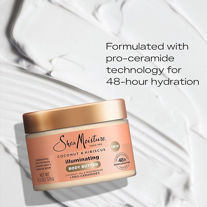 SheaMoisture Illuminating Body Butter with Coconut & Hibiscus, Niacinamide and Pro-Ceramides, Renewing Skin’s Natural Glow, 48H Moisturizing 11.5 oz,(Pack of 2)