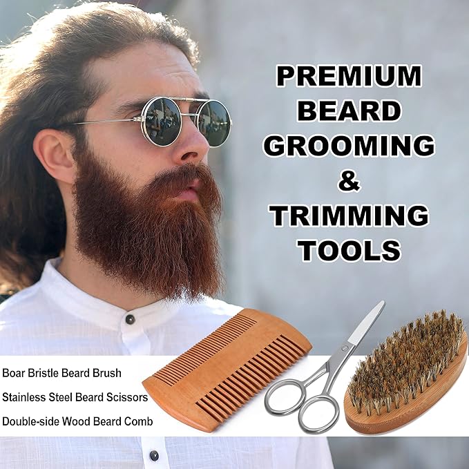 Beard Kit,Beard Grooming Kit for Men W/Straight Razor,2 PACK Beard Oil, Wash, Balm, Brush, Comb, Scissors Mens Birthday Christmas Gifts for Men Boyfriend Husband Beard Trimming Shaving Kit