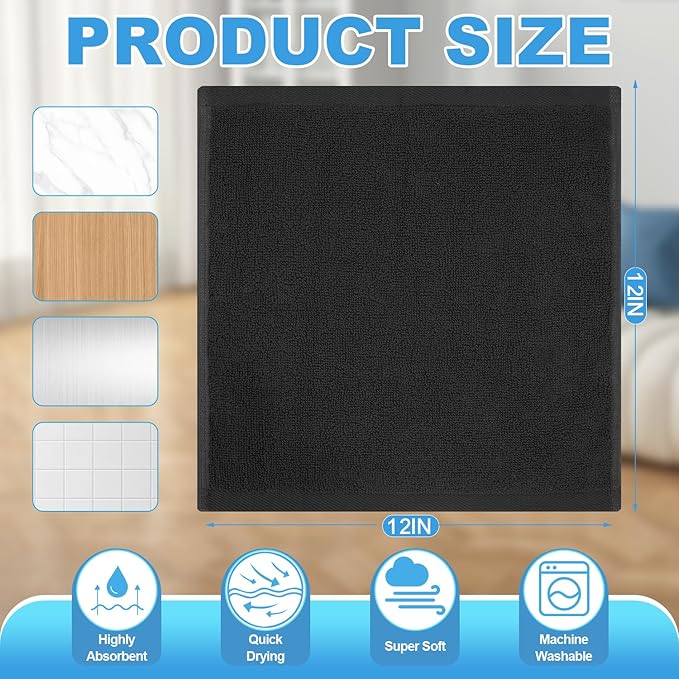 12 Pack 100% Cotton Wash Cloth, 12x12 Inch Highly Absorbent and Soft Feel Fingertip Towels, Machine Washable Washcloths for Bathroom, Gym, Hotel, Spa and Kitchen, Black