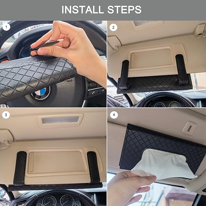 Car Sun Visor Tissue Holder, 2 Pack Vehicle Napkin Box, Premium PU Leather, Car Mask Holder for Sun Visor Vehicle, with Tissue Refill, Black