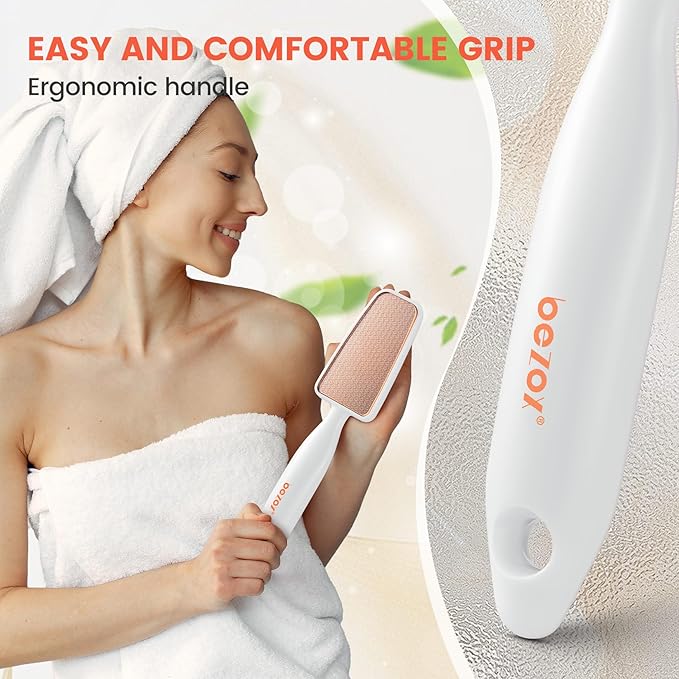 BEZOX Long Handle Glass Foot File Callus Remover, Foot Scrubber for Dead Skin, Cracked Heel Foot Scraper, Smooth Foot Pumice Scrub, Smooths and Softens Rough Skin Instantly - White