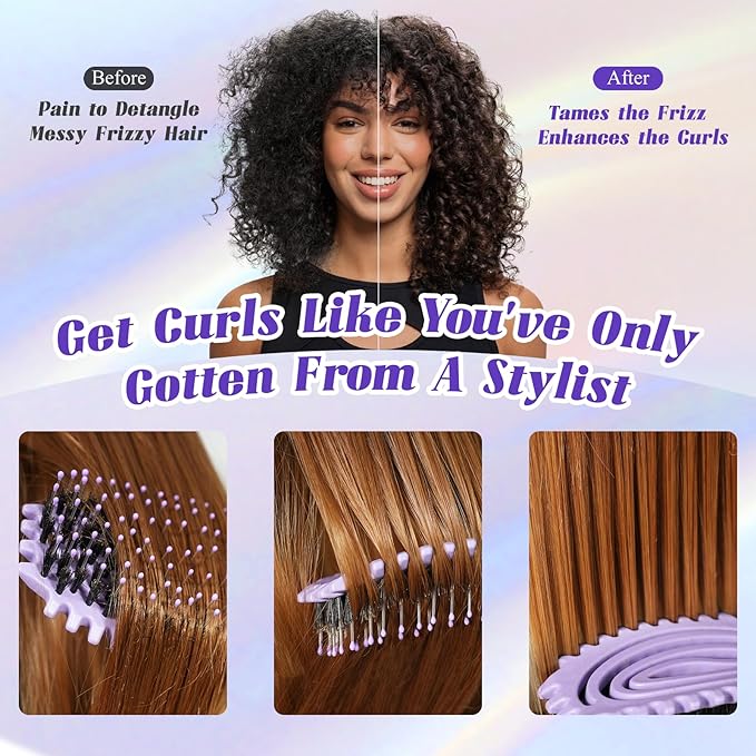 Curl Defining Brush, Boar Bristle Detangling Hair Brush for Women Girls Thick Curly Wavy Hair Wet Dry Use, Fast Blow Drying Vented Styling Hairbrush, Smoothing Hair No Tangle (Soft Purple)