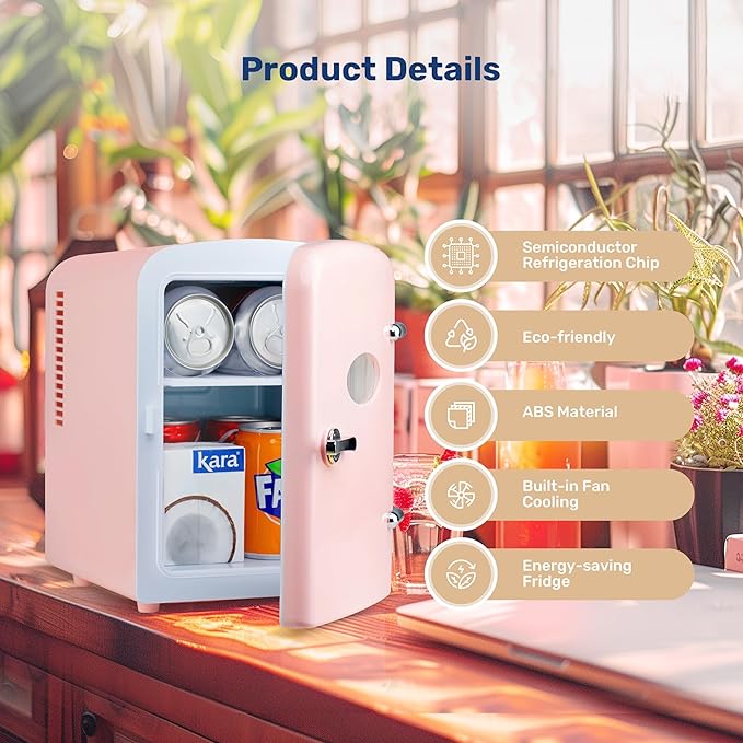 Simple Deluxe 4L/6 Can Portable Mini Fridge with Observation Window, Compact Cooler & Warmer Freon-Free Small Refrigerator, for Skincare, Beverage, Food, Cosmetics, Pink