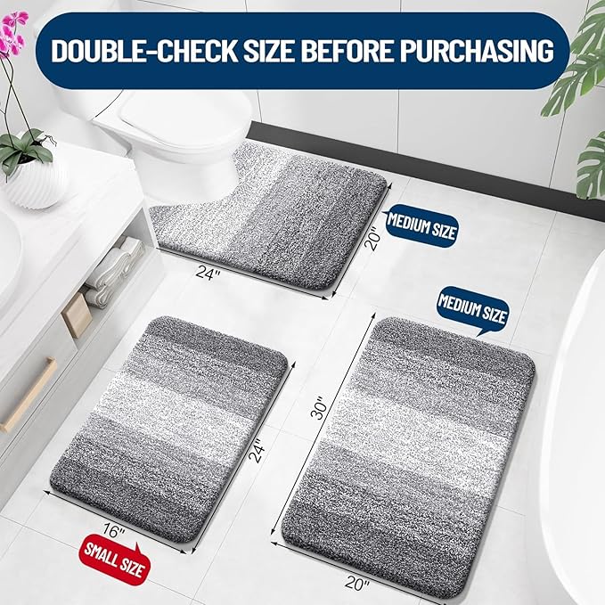 OLANLY Bathroom Rugs Sets 3 Piece, Soft Absorbent Microfiber Bath Mats and U-Shaped Contour Toilet Rug, Machine Wash Dry, Plush Shaggy Bath Mat Set for Bathroom (30"x20"+24"x16"+24"x20", Grey)