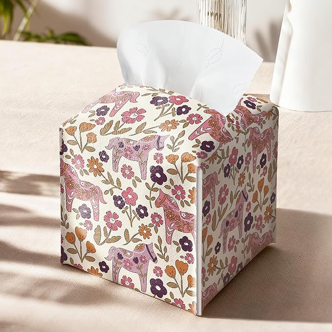 Vintage Floral Horse Tissue Box Cover, Square PU Leather Tissue Holder, Rustic Boho Religious Decor for Bedroom, Bathroom & Living Room, Unique Farmhouse Tissue Box Cover for Home Decor