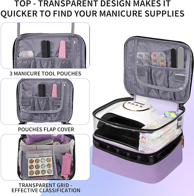 Clear Nail Polish Organizer Double layer Nail Polish Holds 30 Bottles and Nail Lamp, Nail Dryer Case Storage Supplies with Adjustable Dividers, Portable Nail Carrying Bag for Nail Tech (Purple)